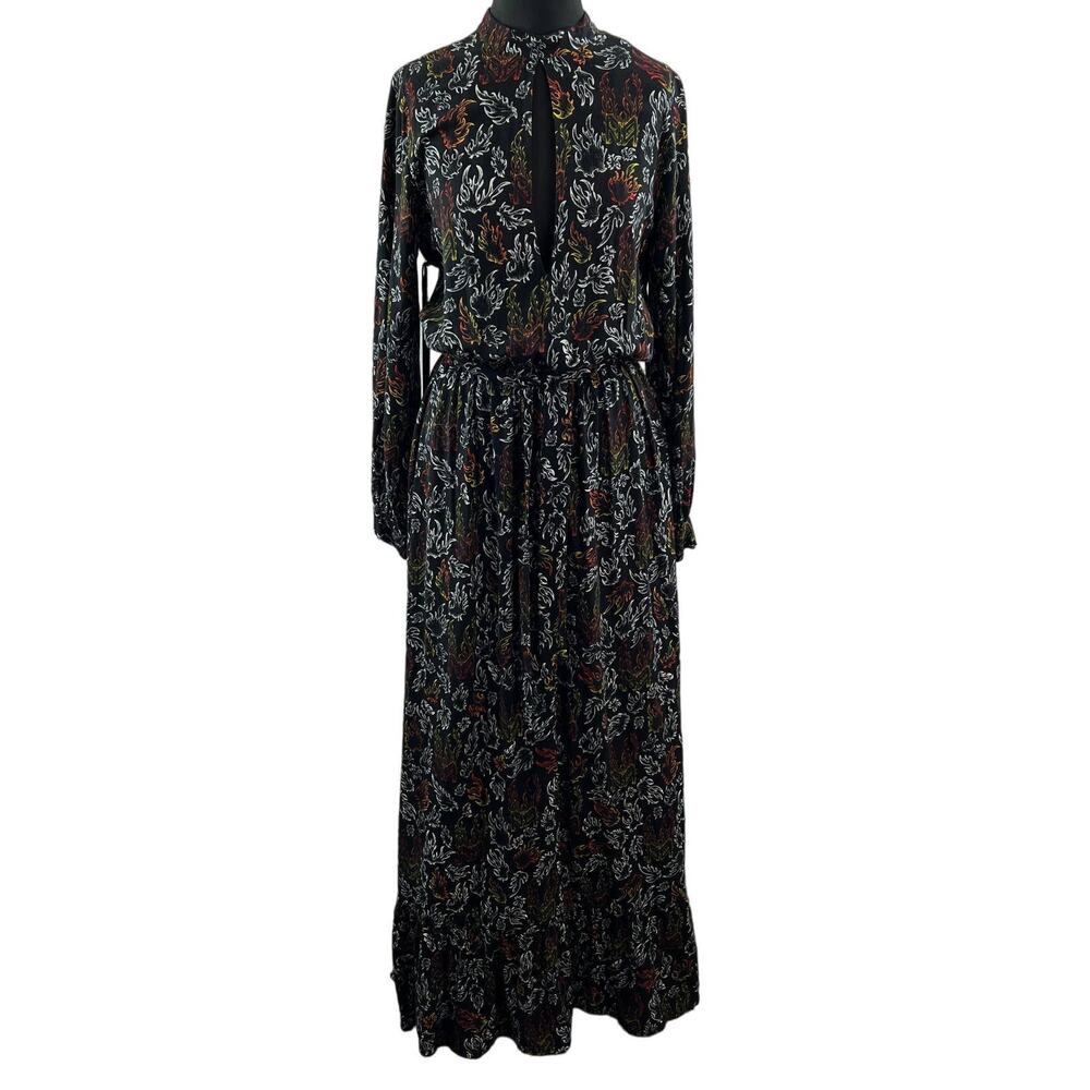 Marcell von Berlin Black Fire Print Keyhole Long Sleeve Peasant Maxi Dress US 4